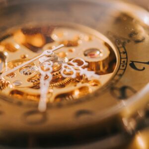 Skeleton watch movement macro with gold-toned gears